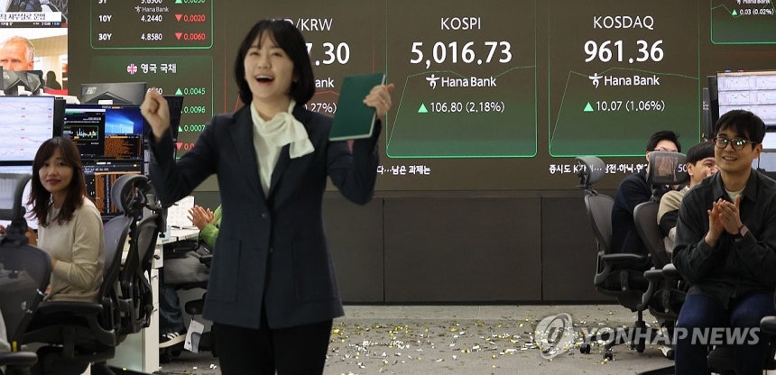 코스피, 장중 사상 첫 5,000선 돌파 (서울=연합뉴스) 이진욱 기자 = 코스피가 장중 5,000을 넘어선 가운데 22일 오전 서울 중구 하나은행 딜링룸에서 딜러가 환호하고 있다. 2026.1.22 cityboy@