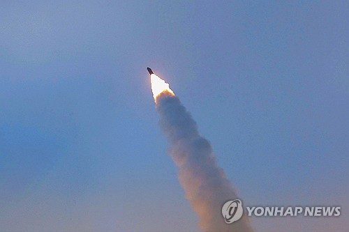 A hypersonic missile flies through the air during a test launch by a subunit under a major firing st