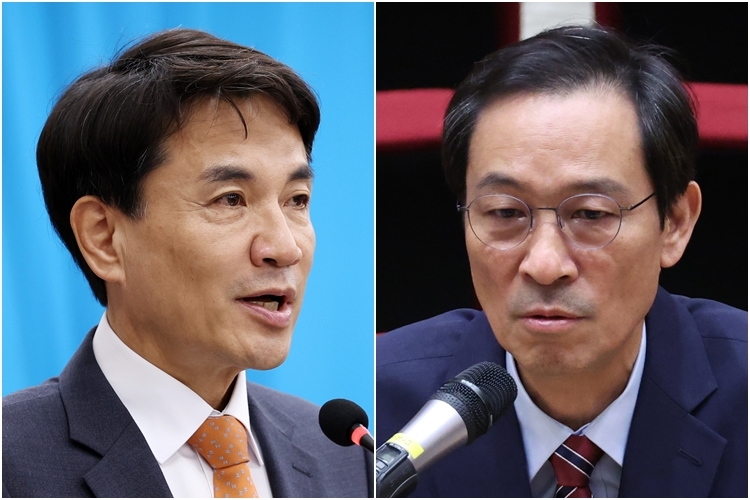 김진태 강원지사(왼쪽)와 우상호 전 청와대 정무수석 [연합뉴스 자료사진]