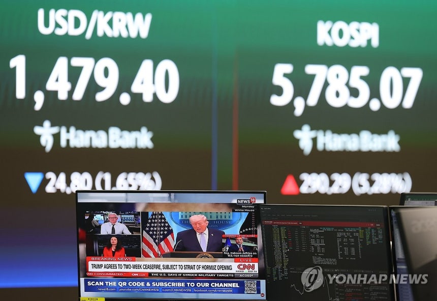 미국·이란 휴전에 코스피 상승 개장 (서울=연합뉴스) 김성민 기자 = 미국과 이란이 2주간 휴전에 사실상 합의한 8일 서울 중구 하나은행 본점 딜링룸에 도널드 트럼프 미국 대통령 관련 뉴스와 원/달러 환율, 코스피가