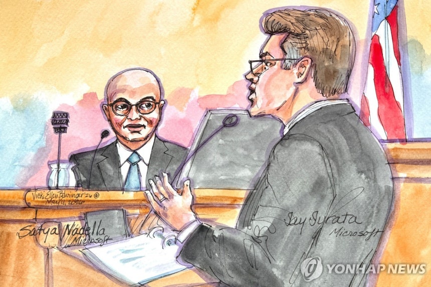 증언하는 나델라 CEO 사티아 나델라 마이크로소프트(MS) 최고경영자(CEO)가 일론 머스크 테슬라 CEO의 소송 제기로 11일(현지시간) 미국 캘리포니아 북부연방지법 오클랜드지원에서 열린 재판에 증인으로 출석해 증