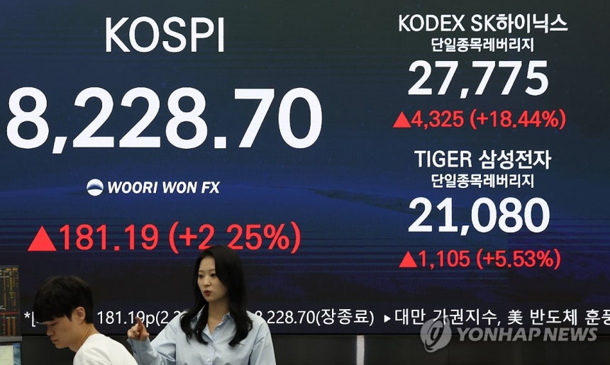 '삼전·닉스' 레버리지 상장 첫날 '불기둥' (서울=연합뉴스) 이진욱 기자 = 27일 오후 서울 중구 우리은행 딜링룸 현황판에 코스피 및 삼성전자·SK하이닉스 단일종목 레버리지 상품인 'KODEX SK하이닉스단일종목