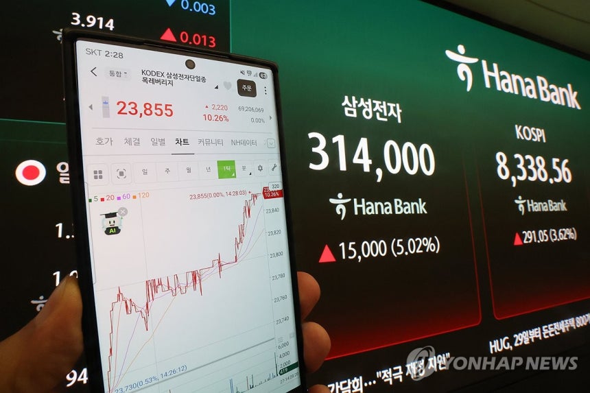 상장 첫날부터 급등세 보인 '삼전·닉스' 단일종목 레버리지 (서울=연합뉴스) 서대연 기자 = 삼성전자와 SK하이닉스를 기초자산으로 하는 단일종목 레버리지 ETF(상장지수펀드)가 27일 상장됐다.사진은 이날 거래되고