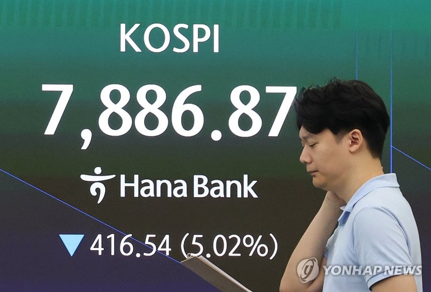 코스피 8,000선 아래로<br>(서울=연합뉴스) 임화영 기자 = 코스피가 급락 출발한 2일 서울 중구 하나은행 딜링룸 현황판에 코스피가 표시되고 있다.<br>    이날 오전 9시 2분 현재 코스피는 전장보다 414.85포인