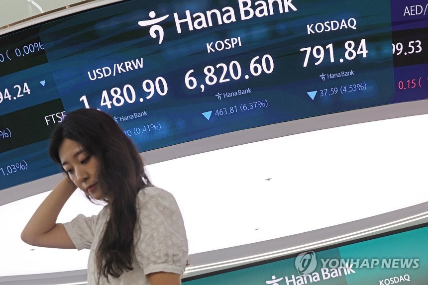 코스피 7,000선 반납 (서울=연합뉴스) 임화영 기자 = 코스피가 다시 7,000선을 내어준 16일 서울 중구 하나은행 딜링룸 현황판에 코스피·코스닥 종가 및 원/달러 환율이 표시돼있다.이날 코스피는 4