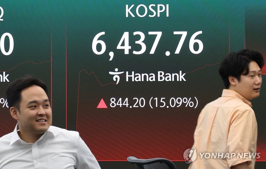 장중 15프로 폭등한 코스피<br>(서울=연합뉴스) 최재구 기자 = 31일 서울 하나은행 본점 딜링룸에 코스피가 표시되고 있다. 코스피가 역대 최대 상승 폭을 경신하면서 폭등했다. 간밤 되살아난 반도체 투자심리에 반발 매