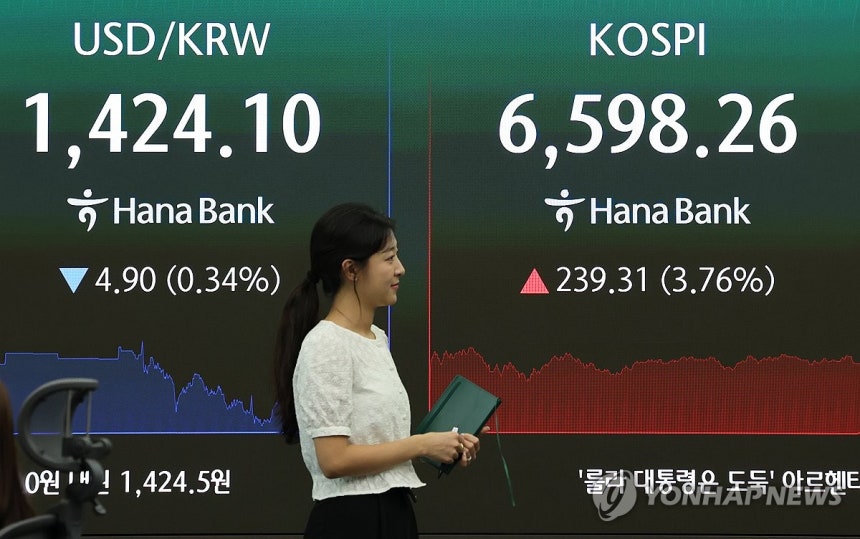 코스피,3.8% 급등 6,500선 회복 (서울=연합뉴스) 이진욱 기자 = 5일 서울 중구 하나은행 본점 딜링룸 전광판에 코스피지수,<a href=