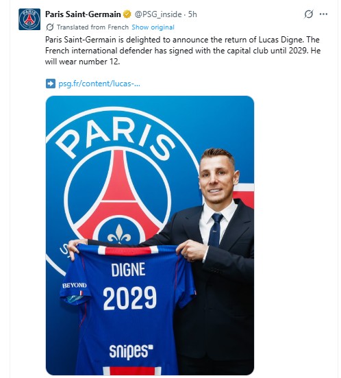 뤼카 디뉴의 재영입을 알린 PSG.[PSG 구단 SNS. 재판매 및 DB 금지]
