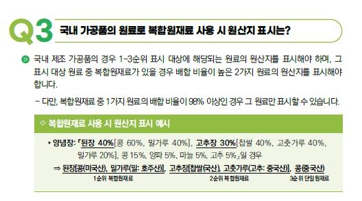 국내 가공품 원료의 원산지 표시 방법
[농식품 원산지 표시제 질의응답집 캡처. 재판매 및 DB 금지]