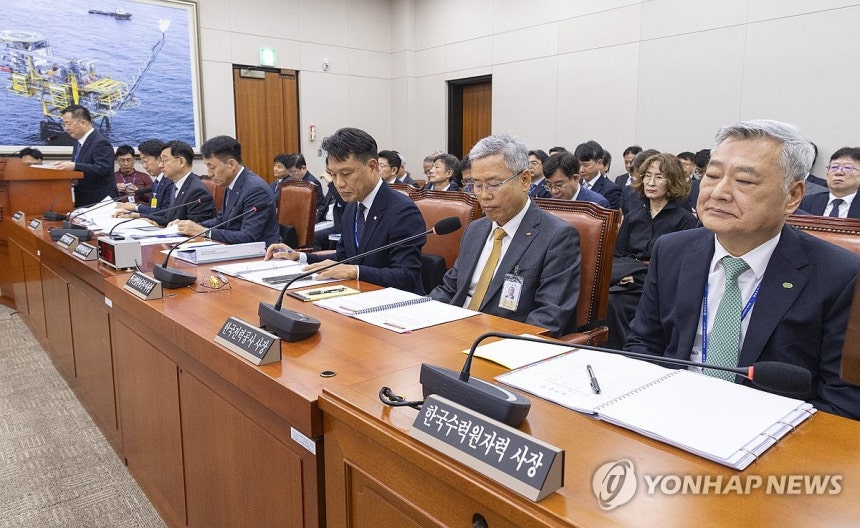 산자중기위 국감에서 출석한 한전·한수원 사장
(서울=연합뉴스) 황광모 기자 = 김동철 한국전력 사장(오른쪽에서 두 번째)과 김회천 한국수력원자력 사장(오른쪽 첫 번째)이 12일 국회에서 열린 산업통상자원중소벤처기업위