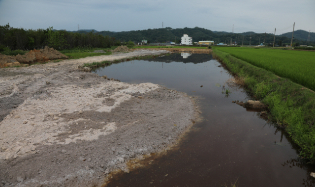 ▲불법 성토된 폐기물에서 유출된 검붉은 침출수 모습.ⓒ프레시안(임성현)