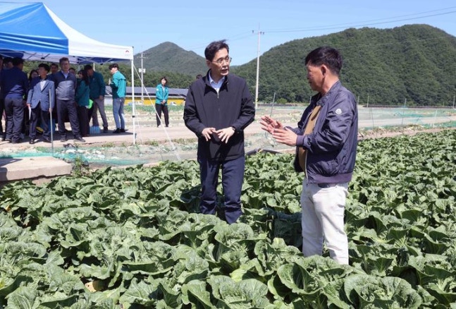 [Seoul=Newsis] Deputy Minister Han of the Ministry of Agriculture, Food and Rural Affairs is inspecting the spring cabbage growth in Nunam-myeon, Mungyeong-si, Gyeongsangbuk-do, on the 4th of June. (Photo: Ministry of Agriculture, Food and Rural Affairs) June 4, 2024. photo@newsis.com *