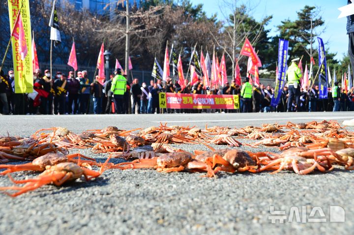 [청주=뉴시스] 서주영 기자 =  동해안 어민들이 25일 충북 청주시 흥덕구 오송읍 식약처 보건의료타운 정문 앞에서 집회를 열고 일본산 암컷 대게 수입 철회를 촉구하고 있다. 2024.11.25. juyeong@ne