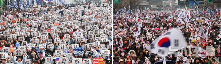 [Seoul =新聞]記者Kim Geun -su =在三天的106週年紀念日，總統Yoon Seok -yeol的彈each和利弊。在照片的左側，反對黨“Yun Seok -yeol毀滅”在Jongno -Gu的Anguk -dong舉行。正確的