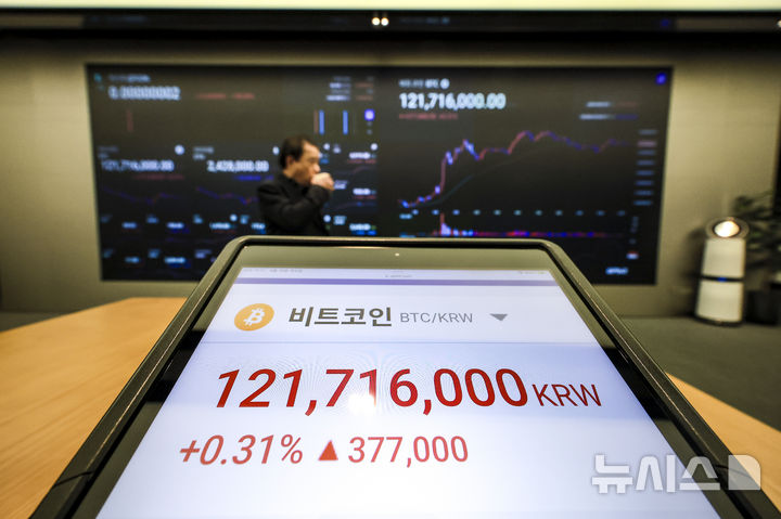 [서울=뉴시스] 정병혁 기자 = (기사와 무관한 사진) 지난달 10일 서울 강남구 업비트 고객센터에 설치된 태블릿에 비트코인 시세가 표시되고 있다.2025.04.10.