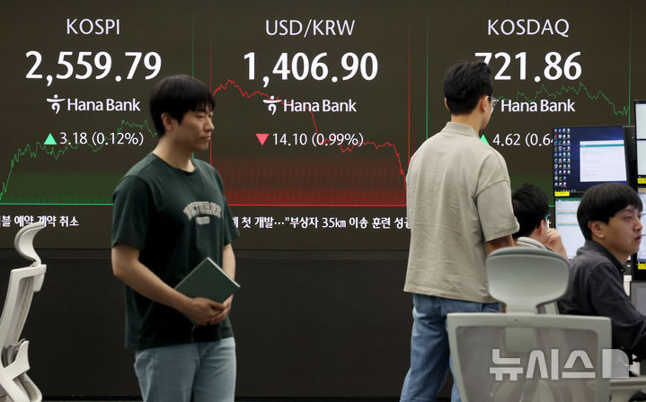 [서울=뉴시스] 김진아 기자 = 2일 서울 중구 하나은행 딜링룸에서 딜러들이 업무를 보고 있다.코스피는 전 거래일(2556.61)보다 3.18포인트(0.12%) 상승한 2559.79에,<a href=