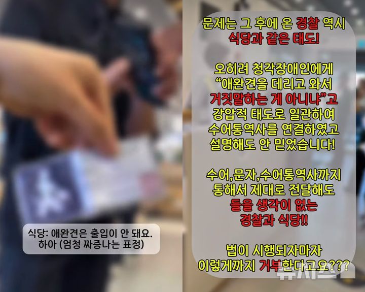 [서울=뉴시스] A씨는 "경찰은 오히려 식당 관계자와 함께 '청각장애인 안내견이 어디 있냐' '애완견 데려와서 거짓말하는 것 아니냐' 등의 말도 안 되는 이야기를 했다"고 주장했다.(사진=인스타그램 @dodo.he