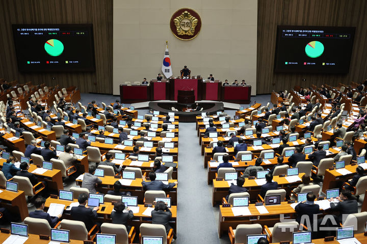 [서울=뉴시스] 권창회 기자 = 27일 오후 서울 여의도 국회에서 열린 제422회 국회(임시회) 제7차 본회의에서 고준위방사성폐기물관리에관한특별법안이 통과되고 있다.2025.02.27.kch0523@newsis.