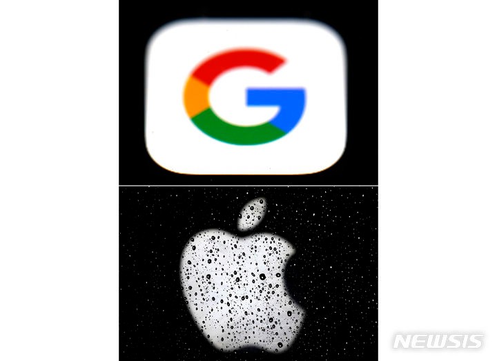 [볼티모어·캔자스시티=AP/뉴시스]사진은 상단의 구글(Google) 로고와 하단의 애플(Apple) 로고.2023.11.14.