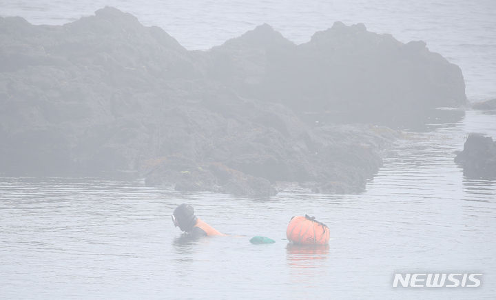 [제주=뉴시스] 우장호 기자 = 제주 해안가를 중심으로 짙은 안개가 드리워진 12일 오전 제주시 용담동 인근 해상에서 해녀가 물질을 하고 있다.2024.06.12.