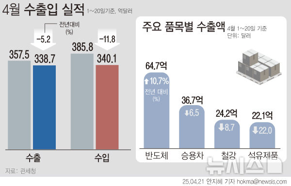 [서울=뉴시스] 미국 정부의 관세강화 정책 등 어수선한 대외무역환경 속에 이달 우리나라 수출과 수입이 모두 줄었다.이달 20일 간 수출의 경우 전년 같은 기간 대비 반도체가 10.7%로 크게 증가한 반면 전통적 수
