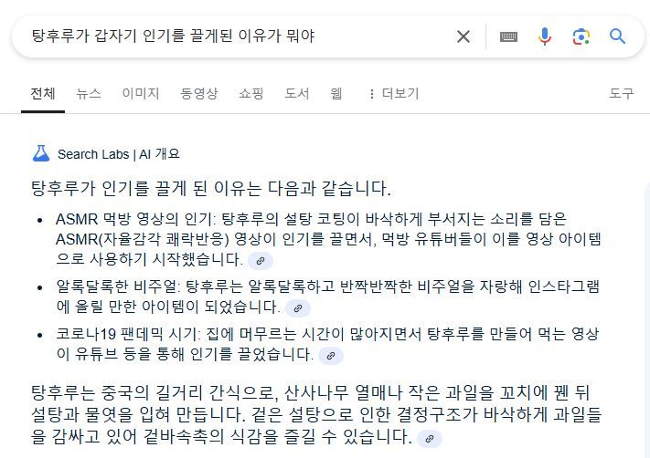 [서울=뉴시스] 6일 구글에 따르면 구글코리아는 전날 공식 블로그를 통해 'AI 개요' 한국 출시 소식을 전했다.(사진=구글 검색 캡처) *재판매 및 DB 금지