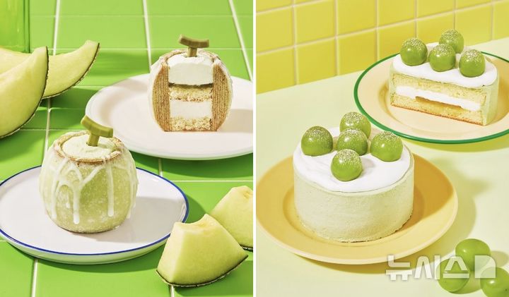 [서울=뉴시스] 스타벅스 코리아가 오는 21일 출시할 예정인 그린 색상의 디저트인 '멜론쿠헨'(左)와 '샤인머스캣 생크림 케이크'(右). photo@newsis.com