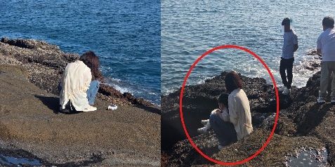 [뉴시스] 제주 용머리해안에서 논란을 일으킨 모습. 2025.10.09. (사진=온라인 커뮤니티 '보배드림' 캡처). *재판매 및 DB 금지
