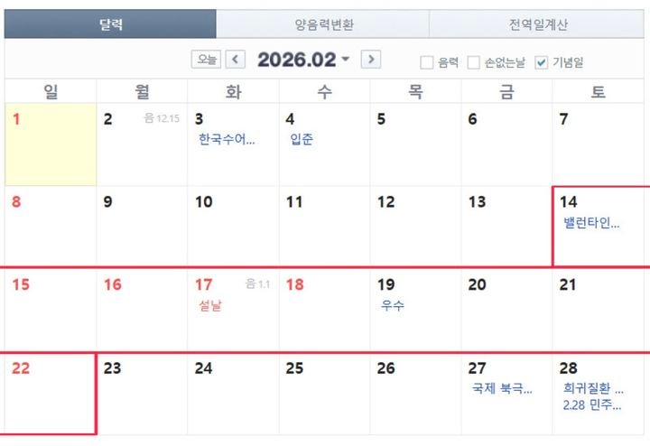 [서울=뉴시스] 2026년 2월 달력. 설 연휴(16일~18일)에 이어 19일(목)과 20일(금)에 연차를 사용하면 주말인 21일, 22일까지 최장 9일 쉴 수 있다. (사진=네이