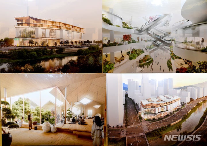 [광주=뉴시스] 지난 2024년 5월22일 오전 광주 서구 광주시청 비즈니스룸에서 전방·일신방직터에 조성되는 '더현대광주' 건축 디자인이 공개되고 있다. '더현대광주'는 건축계의 노벨상 격인 프리츠커상을 수상한 건축