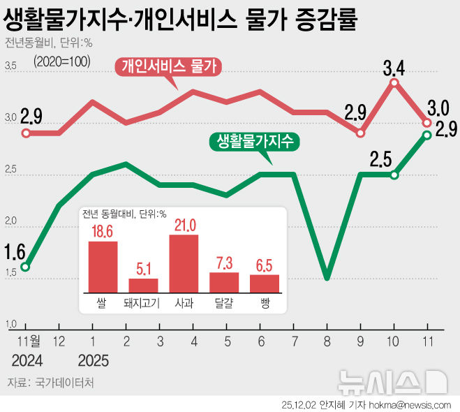 [서울=뉴시스] 2일 국가데이터처에 따르면 지난달 소비자물가지수는 117.20(2020=100)으로 전년 동월 대비 2.4% 상승했다. 가계 구입 빈도가 높은 144개 품목을 대상으로 작성하는 생활물가지수는 전년 동