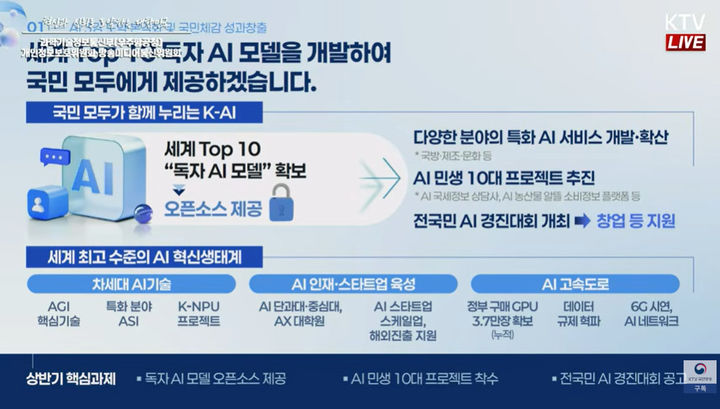 [서울=뉴시스] 배경훈 과학기술정보통신부 장관 겸 부총리가 업무보고에서 내년을 대한민국 AI 대전환의 분기점으로 선언하며 세계 10위권 독자 인공지능(AI) 모델 개발을 핵심 목표로 제시했다.(사진=KTV 유튜브 