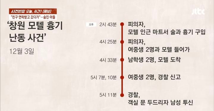 [뉴시스] 최근 경남 창원에서 발생한 모텔 흉기 난동 사건으로 숨진 중학교 2학년 남학생의 부모가 아들의 명예를 회복해달라는 사연이 전해졌다.(사진=JTBC '사건반장' 갈무리) *재판매 및 DB금지 *재판매 및 