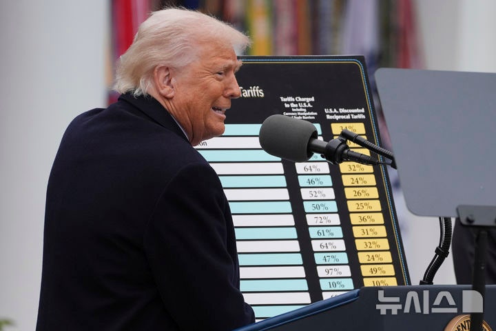 [워싱턴=AP/뉴시스]도널드 트럼프 미국 대통령이 2일(현지 시간) 백악관 경내 로즈가든에서 '미국을 다시 부유하게'라는 행사를 열고 국가별 상호관세를 발표하고 있다.트럼프의 관세가 미국 경제를 성장시키지도 침체시