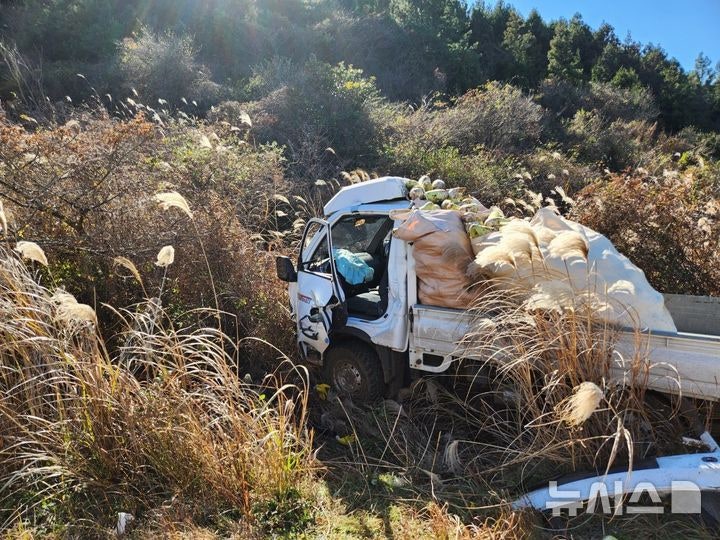 [제주=뉴시스] 18일 오후 제주 서귀포시 표선면 백약이오름 인근 도로에서 1t 트럭과 택시가 충돌하는 사고가 발생해 소방당국과 경찰이 수습에 나서고 있다.(사진=제주소방안전본부 제공) 2025.12.18.pho