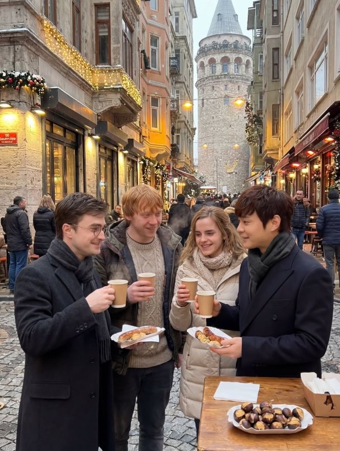 [뉴시스] 마술사 최현우(47)가 호그와트 마법학교를 배경으로 해리 포터·헤르미온느·론 위즐리와 함께 커피를 즐기는 모습. (사진 = 인스타그램 캡처) 2025.12.24. *재판