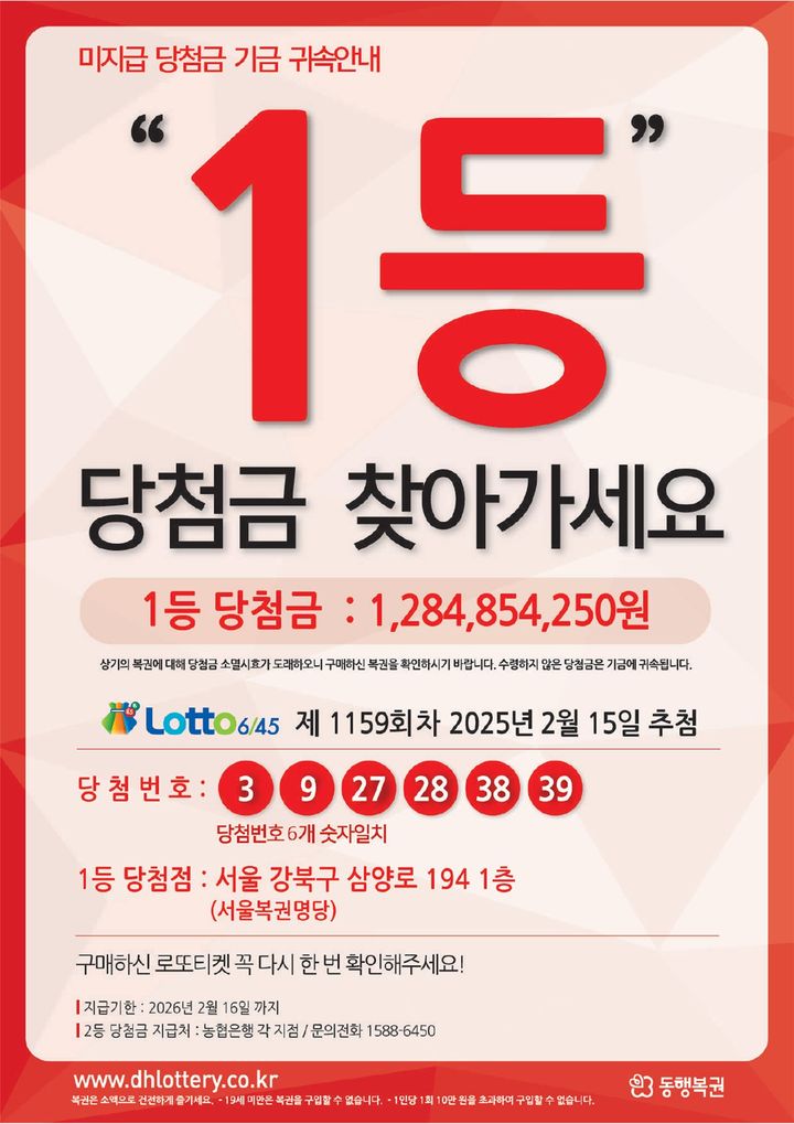 로또복권 제1159회차 1·2등 미수령 당첨금의 지급기한이 약 50일 앞으로 다가왔다.2025.12.24.(사진=동행복권) *재판매 및 DB 금지