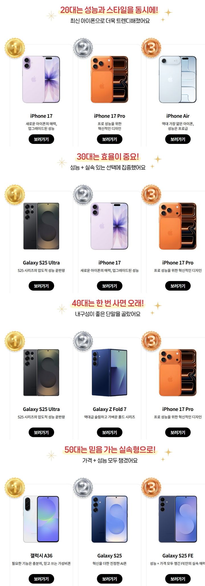 [서울=뉴시스] KT 공식 홈페이지 KT닷컴은 올해 가장 인기 있는 스마트폰을 선정하는 '베스트 어워즈'에서 연령대별 스마트폰 선호 순위를 공개했다.(사진=KT 닷컴 제공) *재판매 및 DB 금지