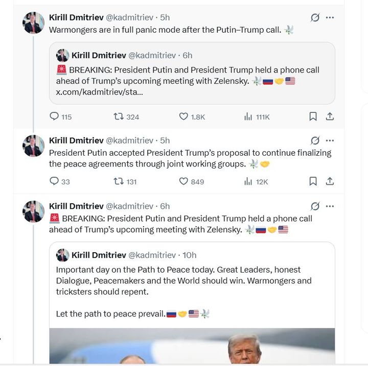 [서울=뉴시스] 키릴 드미트리예프 러시아 직접투자펀드(RDIF) 최고경영자 겸 대통령 대외 투자·경제협력 특별대표(특사)는 28일(현지시간) 사회관계망서비스 엑스(X)에 트럼프 대통령과 젤렌스키 대통령의 양자 회담 