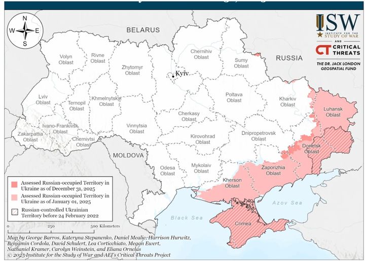 [서울=뉴시스] 러시아는 지난해 우크라이나 영토 4336㎢,전체 영토의 0.72%를 추가로 점령했다고 우크라이나 전황 추적 사이트 딥스테이트가 1일(현지 시간) 분석했다.사진은 미국 전쟁연구소(ISW)의 전선 변