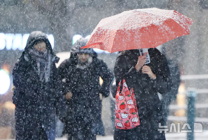 [서울=뉴시스] 황준선 기자 = 서울·인천·경기·강원 대설주의보가 발효된 4일 오후 서울 중구 거리에 눈이 내리고 있다.2025.12.04.