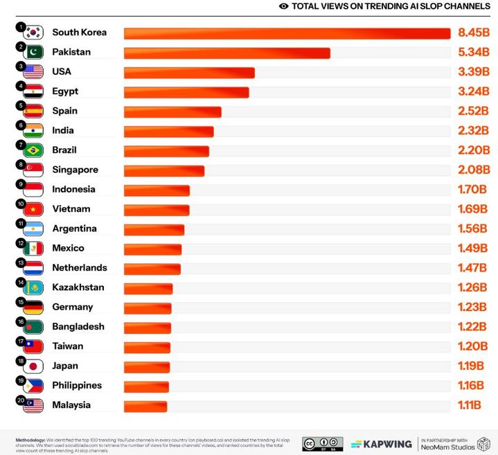 AIで制作された低品質YouTubeコンテンツが最も多く消費される国が韓国という調査結果が公開され、話題を集めている。 2026.01.08。