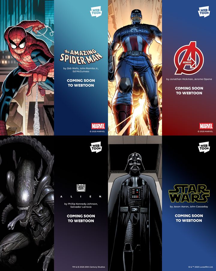 [서울=뉴시스] 네이버웹툰의 글로벌 플랫폼 웹툰 디즈니 전용관에서 감상할 수 있는 아주 오래된 이야기(왼쪽 시계방향으로),어메이징 스파이더맨,에어리언,<a href=