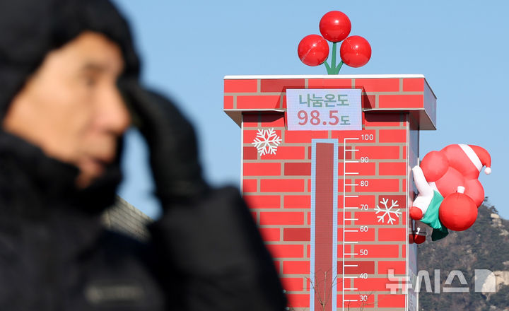 [서울=뉴시스] 추상철 기자 = 11일 오전 서울 종로구 광화문광장에 설치된 사랑의 온도탑에 '나눔온도 98.5도'라고 표시돼 있다.2026.01.11.