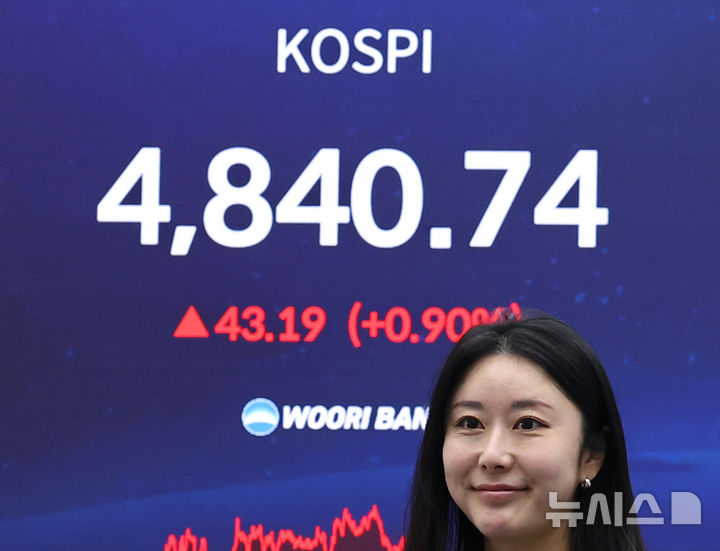 [서울=뉴시스] 최진석 기자 = 코스피가 전 거래일(4797.55)보다 43.19포인트(0.90%) 상승한 4840.74에 마감한 16일 서울 중구 우리은행 딜링룸에 종가가 보이고 있다.코스닥 지수는 전 거래일(9