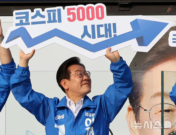 [서울=뉴시스] 조성우 기자 = 이재명  대통령이 대선 후보 시절인 지난해 5월  '코스피 5000 시대' 팻말을 들고 경제회복 퍼포먼스를 하고 있다. 2025.05.29. xconfind@newsis.com