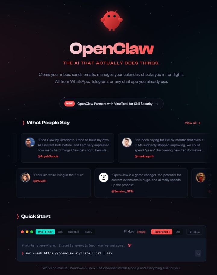 [서울=뉴시스] 오픈소스 기반 자율형 인공지능(AI) 개발 프로젝트 '오픈클로(OpenClaw)'. 2026.03.09. (사진=오픈클로 웹사이트 캡처) *재판매 및 DB 금지