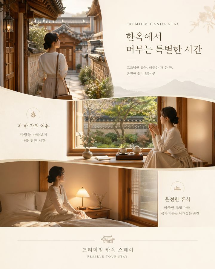 프리미엄 한옥 스테이 예약 유도용 카드 이미지, 고즈넉한 골목을 지나 체크인하는 순간, 마당이 보이는 창가에서 차를 마시는 순간, 따뜻한 조명 아래 객실에서 쉬는 순간의 3장면이 한 화면 안에서 자연스럽게 이어지는