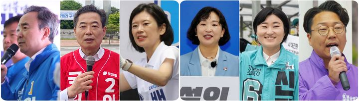 광주 광산을 국회의원 보궐선거 후보들.왼쪽부터 더불어민주당 임문영,국민의힘 안태욱,조국혁신당 배수진,진보당 전주연,기본소득당 신지혜,무소속 구본기 후보.(사진=각 캠프 제공) *재판매 및 DB 금지