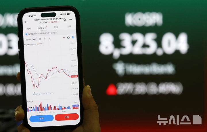 [서울=뉴시스] 김명년 기자 = 삼성전자와 SK하이닉스 단일종목 레버리지 상장지수펀드(ETF)가 27일 상장됐다.이 상품은 삼성전자와 SK하이닉스 등락률을 각각 2배 추종한다.투자자는 금융투자협회 금융투자교육원 
